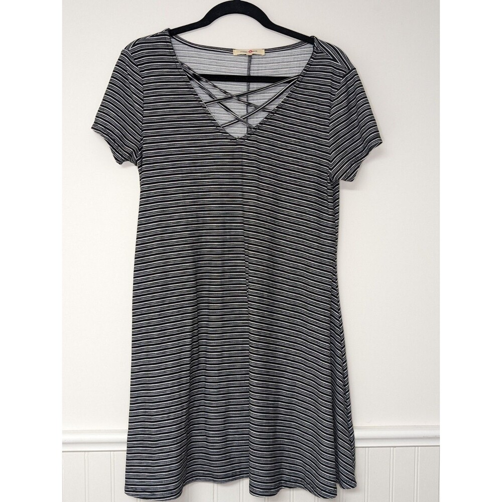 Wishful Park T Shirt Dress Short Sleeves Striped Black and White Size Large